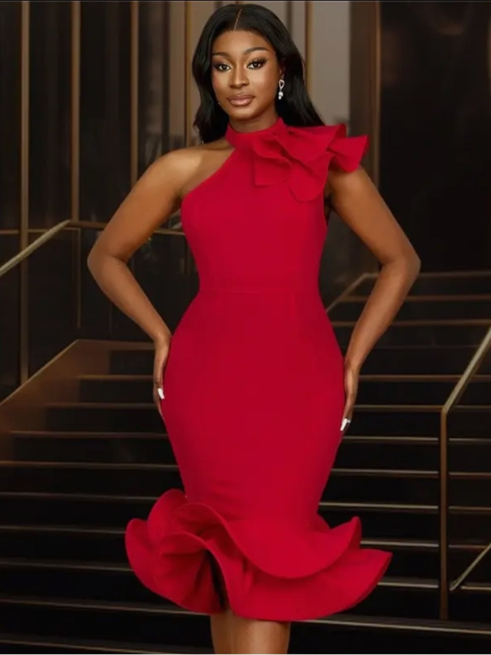 Elegant One-Shoulder Red Mermaid Dress with Bow